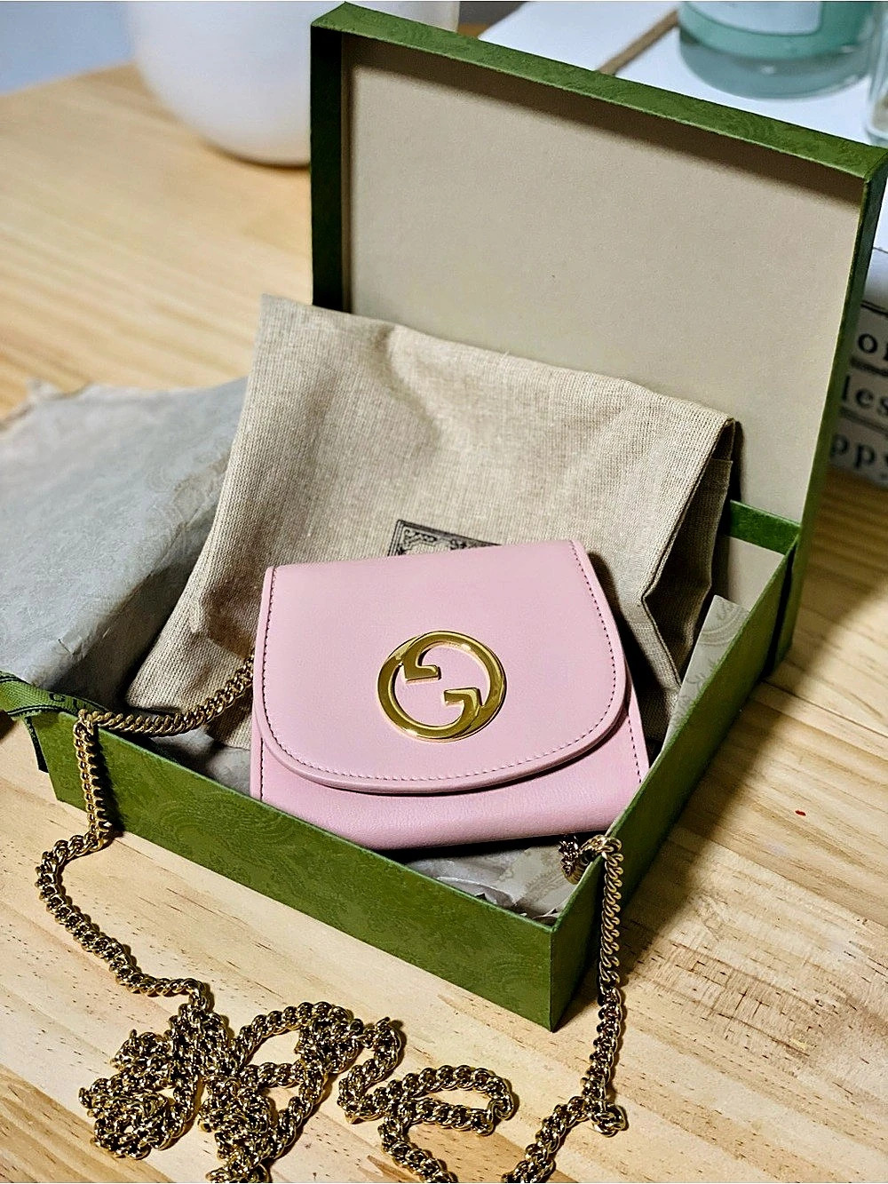 New/Unused Gucci Blondie Medium Wallet on Chain in Pink Smooth Calfskin Leather